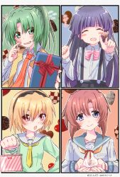  4girls black_hairband black_skirt blonde_hair blue_eyes blue_sailor_collar blush bow bowtie box chocolate closed_eyes commentary_request dress food furude_rika green_dress green_eyes green_hair hairband highres higurashi_no_naku_koro_ni holding holding_box holding_chocolate holding_food houjou_satoko multiple_girls neckerchief necktie nekomiya_mizuki open_mouth orange_hair pink_bow pink_bowtie red_eyes red_necktie ryuuguu_rena sailor_collar shirt skirt smile sonozaki_mion suspender_skirt suspenders valentine vest white_sailor_collar white_shirt yellow_neckerchief yellow_vest 