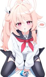  1girl absurdres ahoge black_thighhighs blue_archive buttons drink_carton drinking_straw drinking_straw_in_mouth hair_flaps halo highres jacket long_sleeves looking_at_viewer milk_carton natsu_(blue_archive) neckerchief pink_hair pink_halo pleated_skirt red_eyes red_neckerchief rei_hinasuki school_uniform serafuku side_ponytail sitting skirt spoken_blush thigh-highs wariza white_background 