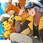  1boy ayo_(ayosanri009) belt belt_buckle black_shirt brown_jacket buckle captain_pikachu charizard clothed_pokemon collarbone commentary_request friede_(pokemon) from_side fur-trimmed_jacket fur_trim goggles goggles_on_head grin hand_up jacket male_focus orange_eyes pants pikachu pokemon pokemon_(anime) pokemon_(creature) pokemon_horizons shirt signature smile teeth white_hair 