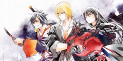  1girl 2boys adjusting_clothes adjusting_gloves armor bandages belt black_choker black_coat black_hair blonde_hair blue_eyes brown_gloves brown_vest choker closed_mouth coat collarbone commentary_request cowboy_shot dagger eizen_(tales) enoki_(megaclam) gloves hair_between_eyes highres holding holding_dagger holding_knife holding_weapon japanese_armor japanese_clothes knife long_hair looking_ahead magic_arm multiple_boys open_clothes open_shirt orange_eyes orange_shirt rokurou_rangetsu shirt smile tales_of_(series) tales_of_berseria torn_clothes velvet_crowe very_long_hair vest weapon white_shirt yellow_eyes 