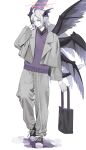  1boy absurdres alternate_costume bag baggy_pants casual collared_shirt colored_skin darklord_morningstar duel_monster halo head_wings highres holding holding_bag jacket lmn9911 long_sleeves male_focus medium_hair multiple_wings open_clothes open_jacket pants pointy_ears shirt shoes sneakers solo sweater white_hair white_skin wings yellow_eyes yu-gi-oh! 