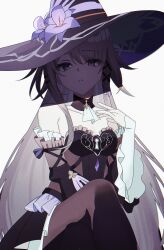  1girl absurdres bare_shoulders black_dress black_hat black_pantyhose breasts brown_hair commentary_request crossed_legs detached_sleeves dress eyes_visible_through_hair film_grain flower frills hair_ornament hat hat_flower herta_(honkai:_star_rail) highres honkai:_star_rail honkai_(series) long_hair looking_at_viewer nishimiya_aki open_mouth pantyhose shadow sitting skirt small_breasts solo teeth the_herta_(honkai:_star_rail) very_long_hair violet_eyes witch_hat x_hair_ornament 