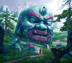  1boy absurdres black_hat boulder branch carving chinese_commentary clouds commentary_request day dirt from_behind grass grey_sky hat highres hill holding holding_lantern landscape lantern mountain oni original outdoors paint red_rope rock rope scenery sky sunlight third_eye tree tusks zhongjusun 