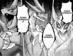  absurdres bones_dio charizard claws commentary domain_expansion dragon dragon_horns english_commentary fangs froslass ghost highres horns ice ice_horns jujutsu_kaisen lizard mega_charizard_y mega_froslass mega_pokemon mega_tyranitar meme monochrome no_humans nostrils open_mouth pokemon pokemon_(creature) pokemon_champions sash triple_domain_expansion_(meme) tyranitar v-shaped_eyes wings 