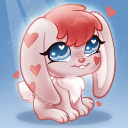  absurdres artist_name blue_background blue_eyes buck_teeth ears_down grey_fur heart heart-shaped_pupils heart_on_cheek highres littlest_pet_shop lps_rabbit_557 no_humans pink_hair rabbit solo sparkytopia symbol-shaped_pupils teeth 