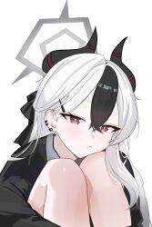  absurdres black_horns blue_archive chinese_commentary commentary_request demon_horns ear_piercing earclip grey_halo halo highres horns kayoko_(blue_archive) multicolored_hair piercing problem_solver_68_(blue_archive) white_hair xingyun_fankic 