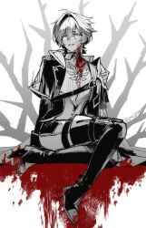  1boy ahoge arm_support bare_tree blood blood_on_neck blood_on_shoes boots coat commentary earrings english_commentary evil_smile genshin_impact hair_intakes high_heel_boots high_heels highres jewelry lohen_(genshin_impact) looking_at_viewer male_focus mgph pool_of_blood short_hair single_earring smile solo spot_color thigh_boots tree vest 