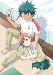  1boy 1girl asymmetrical_bangs bare_arms barefoot bed bed_sheet black_hair book brown_eyes brown_hair brown_pants brown_sweater_vest closed_mouth collared_shirt commentary_request couple feet_out_of_frame from_above full_body grey_eyes grey_skirt hair_between_eyes hand_on_another's_shoulder hand_up holding holding_book indoors kamijou_touma lap_pillow looking_at_another lying medium_hair miniskirt misaka_mikoto muichimon multicolored_shirt on_floor on_side open_book open_mouth pants partial_commentary pleated_skirt school_uniform shirt short_hair short_sleeves sitting skirt sleeveless smile spiky_hair summer_uniform sweater_vest toaru_majutsu_no_index tokiwadai_school_uniform v-neck white_shirt 