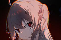 1girl ahoge brown_hair chromatic_aberration close-up closed_mouth commentary_request evil_neuro-sama from_side hair_between_eyes hair_ornament hair_ribbon highres lingmiaoooii long_hair looking_at_viewer portrait red_eyes red_ribbon ribbon skull_hair_ornament solo variant_set vedal_ai virtual_youtuber 