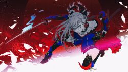  >:( 1girl arm_up armor black_boots black_choker black_eyeliner black_thighhighs blue_armor blue_eyes blue_kimono boots breasts bridal_gauntlets choker closed_mouth collarbone commentary_request eyeliner fate/grand_order fate_(series) frills full_body full_moon grey_hair hair_between_eyes hair_ornament high_heel_boots high_heels high_ponytail holding holding_sword holding_weapon japanese_armor japanese_clothes jewelry katana kimono kote kurokote long_hair looking_at_viewer magatama magatama_necklace makeup medium_breasts miyamoto_musashi_(fate) miyamoto_musashi_(second_ascension)_(fate) moon necklace nunok on_one_knee pale_skin petals ponytail red_background red_moon ribbon sleeveless sleeveless_kimono solo sword thigh-highs two-tone_background v-shaped_eyebrows weapon white_background yellow_ribbon 