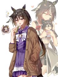  bare_shoulders brown_hair character_doll character_request commentary_request doll dream_journey_(umamusume) food hair_between_eyes hand_in_pocket highres holding holding_doll holding_food looking_at_viewer medium_hair sandwich sb_(akagikeai) school_uniform stay_gold_(umamusume) thighs tracen_school_uniform umamusume white_background yellow_eyes 