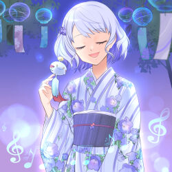  1girl :d beamed_eighth_notes character_request chimecho colored_inner_hair commentary_request commission facing_viewer floral_print floral_print_kimono grey_hair highres japanese_clothes kimono maskmaya1 multicolored_hair musical_note night outdoors pokemon pokemon_(creature) print_kimono purple_hair purple_kimono short_hair skeb_commission smile standing treble_clef virtual_youtuber wide_sleeves wind_chime yukata 