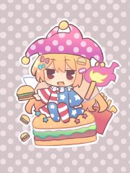  1girl american_flag_dress american_flag_legwear blonde_hair blush brown_background burger chibi chibi_only clownpiece commentary dress fairy fairy_wings fang flag_print food french_fries hat highres holding holding_burger holding_food holding_torch jester_cap long_hair looking_at_viewer mini_person minigirl neck_ruff open_mouth polka_dot polka_dot_background polka_dot_headwear purple_hat red_eyes silverrain sitting_on_food smile solo star_(symbol) star_print striped_clothes striped_dress torch touhou very_long_hair wings 