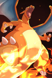  blue_eyes charizard claws commentary_request dragon fangs fire from_below highres no_humans open_mouth pokemon pokemon_(creature) pokemon_focus rumine_(yoshi1234567) solo wings 