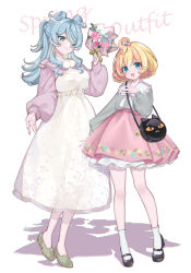  2girls :d ahoge alternate_costume aqua_eyes bag beads blonde_hair blue_hair bouquet breasts commentary_request dress elira_pendora full_body hair_beads hair_ornament hair_over_one_eye handbag head_wings highres holding holding_bouquet layered_dress light_blush long_hair mary_janes medium_breasts medium_hair millie_parfait multiple_girls nijisanji nijisanji_en ponytail puracotte shoes simple_background smile virtual_youtuber white_background wings 