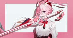  1girl aa3969544692249 absurdres alternate_eye_color animal_ears blue_eyes bow bowtie breasts cherry_blossom_print cropped_jacket evanescia_(honkai:_star_rail) eyeliner floral_print flower gloves hair_flower hair_ornament highres holding holding_weapon honkai:_star_rail honkai_(series) katana makeup open_clothes pink_hair rabbit_ears red_bow red_bowtie shirt solo sword upper_body weapon white_gloves 