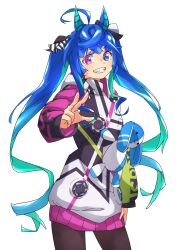  1girl @_@ ahoge animal_ears blue_eyes blue_hair blush brown_leggings coat commentary_request crossed_bangs drawstring heterochromia highres hood hooded_coat hoodie horse_ears horse_girl leggings long_hair long_sleeves looking_at_viewer multicolored_coat multicolored_hair multicolored_hoodie open_mouth sharp_teeth simple_background smile solo stuffed_animal stuffed_rabbit stuffed_toy tanabe_(fueisei) teeth twin_turbo_(blast_mode!_turbo_engine)_(umamusume) twin_turbo_(umamusume) twintails umamusume violet_eyes white_background 