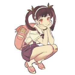  1girl bag bandaid bandaid_on_knee bandaid_on_leg black_hair black_skirt blush bow bracelet collar colored_shoe_soles elbow_rest green_bow hachikuji_mayoi hair_bow hairband hands_on_own_face highres jewelry looking_at_viewer mallrn monogatari_(series) overalls pink_shoes red_eyes school_bag shoes short_hair skirt socks solo squatting stuffed_animal stuffed_toy teddy_bear twintails white_background white_hairband 