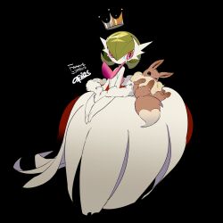  2others absurdres apios artist_name black_background bob_cut brown_fur crown dress eevee gardevoir green_hair highres mega_gardevoir mega_pokemon multiple_others pink_eyes pokemon pokemon_(creature) simple_background two-tone_fur white_dress 