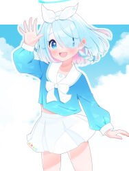  1girl :d absurdres arona_(blue_archive) blue_archive blue_eyes blue_hair blue_halo blue_shirt blue_sky blush border bow bow_hairband braid clouds collarbone colored_inner_hair commentary_request cowboy_shot gradient_clothes gradient_shirt hair_over_one_eye hairband halo hand_up highres long_sleeves looking_at_viewer medium_hair midriff_peek miniskirt multicolored_hair open_mouth petako_(ptpt_k) pink_hair pleated_skirt sailor_collar shirt sidelocks single_braid skirt sky smile solo standing thighs waving white_border white_bow white_hairband white_sailor_collar white_skirt 