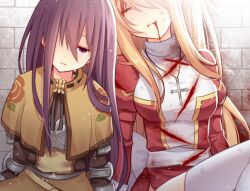  2girls blonde_hair blood blood_on_clothes blood_on_face bow brown_capelet capelet crying death dress eternal_senia gauntlets high_priest_(ragnarok_online) hitsuki_rei long_hair long_sleeves magaleta_(eternal_senia) multiple_girls non-web_source puffy_sleeves purple_hair ragnarok_online red_bow senia smile swordsman_(ragnarok_online) violet_eyes 