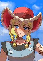  0393_piplup 1girl arm_tattoo black_shirt blonde_hair blue_eyes blue_overalls blue_sky blush braid breasts clouds collarbone commentary_request cowboy_hat denim denim_overalls freckles hat highres kitt_(pokemon) large_breasts long_hair looking_at_viewer open_mouth outdoors overalls pokemon pokemon_champions red_hat shirt sky sleeveless sleeveless_shirt solo tattoo twin_braids upper_body 