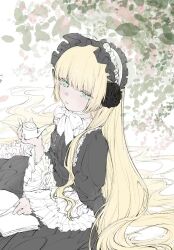  1girl black_dress black_flower black_headdress black_rose blonde_hair blue_eyes blunt_bangs blunt_ends bonnet book bow bowtie closed_mouth collar dress expressionless flower frilled_collar frilled_sleeves frills gosick hair_spread_out hand_on_book headdress highres hime_cut holding holding_smoking_pipe leaf leaf_background lolita_fashion long_dress long_hair long_sleeves marimo5722 petals rose sidelocks sitting smoking_pipe solo third-party_source two-tone_headdress victorica_de_blois white_background white_bow white_bowtie xiaohongshu_id xiaohongshu_logo 