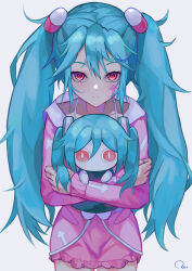  1girl aimaina aqua_hair blush chromatic_aberration closed_mouth collarbone commentary_request facial_mark grey_background hair_between_eyes hair_ornament hatsune_miku hatsune_miku_(high_fever) highres holding jacket long_hair long_sleeves looking_at_viewer pill_hair_ornament pink_eyes pink_jacket rei_(rei_270) simple_background slow_motion_(vocaloid) solo straight-on twintails upper_body vocaloid 