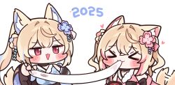  >_< 2025 2girls :3 animal_ear_fluff animal_ears black_choker black_kimono blonde_hair blue_kimono blue_shawl blue_streaks blush_stickers chibi chibi_only choker closed_eyes commentary detached_sleeves dog_ears dog_girl dog_tail double-parted_bangs floral_print floral_print_kimono flower food frilled_kimono frills fur-trimmed_kimono fur_trim fuwawa_abyssgard fuwawa_abyssgard_(new_year) hair_between_eyes hair_flower hair_ornament highres hololive hololive_english japanese_clothes kanzashi kimono long_hair long_sleeves looking_at_another mming_(mmingis18) mochi mochi_trail mococo_abyssgard mococo_abyssgard_(new_year) multicolored_hair multicolored_kimono multiple_girls new_year official_alternate_costume official_alternate_hairstyle pink_kimono pink_streaks ponytail print_kimono red_eyes shawl short_hair siblings simple_background single_detached_sleeve sisters sleeveless sleeveless_kimono small_sweatdrop streaked_hair tail tsumami_kanzashi twins twintails untranslatable_commentary upper_body virtual_youtuber white_background white_kimono 