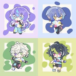  4boys :3 ahoge black_hair black_pants black_shorts blue_background blue_hair chibi commentary dytica_(nijisanji) earrings green_background green_eyes heterochromia highres hoshirube_sho inami_rai jewelry koyanagi_rou long_hair male_focus multicolored_hair multiple_boys murakumo_kagetsu nijisanji paint_on_clothes paint_splatter pants purple_background purple_hair red_eyes shirt short_hair shorts shuxingbuming_moxiaobai simple_background streaked_hair t-shirt twitter_username violet_eyes virtual_youtuber white_background white_hair white_shirt yellow_background yellow_eyes 