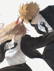  1boy 1girl absurdres black_jacket black_necktie black_pants blonde_hair chainsaw_man collared_shirt cross-shaped_pupils demon_girl demon_horns denji_(chainsaw_man) eyepatch hair_between_eyes highres horns jacket long_hair necktie niroxin pants power_(chainsaw_man) red_eyes red_horns shirt shirt_tucked_in short_hair simple_background suit_jacket symbol-shaped_pupils white_background white_shirt yellow_eyes 