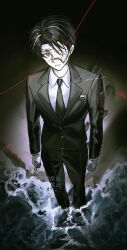  1boy arms_at_sides beach black_hair black_jacket black_necktie black_pants black_suit breast_pocket closed_mouth collared_shirt dane84918270 dark_background eye_mask eyepatch from_above gloves grey_streaks half_eye_mask highres holding jacket lapels limbus_company long_sleeves looking_at_viewer male_focus mask multicolored_hair necktie notched_lapels ocean one_eye_covered pants pocket project_moon rien_(project_moon) shirt short_hair signature solo standing streaked_hair string string_of_fate suit wading water watermark waves white_gloves white_shirt yellow_eyes 