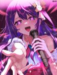  1girl artist_name blue_necktie blush dress gloves hair_ornament highres holding holding_microphone hoshino_ai_(oshi_no_ko) idol long_hair looking_at_viewer microphone music necktie open_mouth oshi_no_ko outstretched_arm pink_dress pink_gloves purple_hair rabbit_hair_ornament reaching_towards_viewer singing single_glove solo star-shaped_pupils star_(symbol) sweat symbol-shaped_pupils upper_body violet_eyes wisp_(illothewisp) 