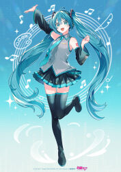  1girl :d ahoge aqua_eyes aqua_hair aqua_necktie arm_tattoo artist_name black_boots black_skirt black_sleeves boots collared_shirt commentary_request company_name copyright_notice detached_sleeves full_body grey_shirt hair_between_eyes hatsune_miku headset highres leg_up long_sleeves musical_note necktie number_tattoo official_art paint_palette pleated_skirt second-party_source shirt skirt sleeveless sleeveless_shirt smile solo tama_(songe) tattoo thigh_boots tie_clip tongue twintails vocaloid 