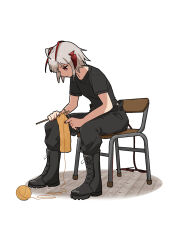 1girl antenna_hair arknights black_boots black_pants black_shirt boots chair closed_mouth commentary_request concentrating fingernails full_body grey_hair highres knee_boots multicolored_hair nail_polish on_chair pants partial_commentary profile red_eyes red_hair red_nails red_tail school_chair sewing shirt short_hair short_sleeves sitting solo streaked_hair t-shirt tail w_(arknights) yano_(edbr1022) yarn yarn_ball 