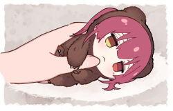  1girl :< animal_costume animal_ears bear_costume bear_ears bear_paws blush border brown_background brown_fur chibi claws closed_mouth commentary_request disembodied_hand double-parted_bangs eyebrows_hidden_by_hair fading_border fingernails full_body hair_between_eyes heterochromia highres holding hololive houshou_kumarine houshou_marine jitome lying medium_hair no_pupils on_side outside_border raised_eyebrows red_eyes red_hair short_twintails simple_background solo_focus twintails virtual_youtuber white_border yellow_eyes yuzuyukiha 