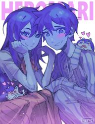  1boy 1girl absurdres animal antenna_hair bare_arms blue_pajamas blue_pants blue_shirt blush brown_skirt cat closed_mouth collarbone collared_shirt colored_skin dog elbows_on_knees english_text feet_out_of_frame grin hair_between_eyes hand_on_own_cheek hand_on_own_face hands_up heart hero_(headspace)_(omori) hero_(omori) highres knees_up light_particles long_hair long_skirt long_sleeves looking_at_viewer mari_(headspace)_(omori) mari_(omori) neckerchief omori pajamas pants purple_hair purple_sweater_vest red_neckerchief remi_(mozzaremi) shirt short_hair short_sleeves signature simple_background sitting skirt smile striped_clothes striped_pajamas striped_pants striped_shirt sweater_vest vertical-striped_clothes vertical-striped_pajamas vertical-striped_pants vertical-striped_shirt violet_eyes white_background white_pajamas white_pants white_shirt white_skin 