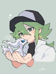  1boy arms_up baseball_cap black_shirt blue_eyes closed_mouth collared_shirt commentary_request cropped_torso green_eyes green_hair hair_between_eyes hat heart highres holding holding_pokemon kokodari long_hair male_focus n_(pokemon) open_clothes open_shirt pokemon pokemon_(creature) pokemon_black_and_white reshiram shirt simple_background smile solo white_shirt wing_collar 