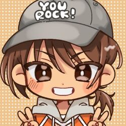  1boy alternate_eye_color baseball_cap blush bright_pupils brown_eyes brown_hair chibi chibi_only close-up commentary dark-skinned_male dark_skin grey_hat hair_between_eyes hat hood hood_down hoodie kel_(birthday)_(omori) kel_(faraway)_(omori) kel_(omori) looking_at_viewer male_focus nata_kadu official_alternate_costume omori open_mouth orange_hoodie smile solo teeth untranslatable_commentary upper_body white_pupils 
