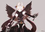  1boy ahoge animal_ear_fluff animal_ears arm_blade bell black_cape black_gloves black_pants black_shirt black_wings bow cape closed_mouth commentary_request cowboy_shot dagger elbow_gloves expressionless feathered_wings fox_ears gauntlets gloves grey_background guillotine_cross_(ragnarok_online) hair_bell hair_between_eyes hair_bow hair_ornament highres holding holding_dagger holding_knife holding_weapon jamadhar jingle_bell knife kusabi_(aighe) long_bangs looking_at_viewer male_focus multiple_hair_bows official_alternate_costume orange_eyes pants purple_bow ragnarok_online red_armor scarf shirt short_hair simple_background sleeveless sleeveless_shirt solo torn_cape torn_clothes torn_scarf waist_cape weapon white_hair wings 