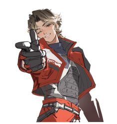  1boy animification apex_legends belt black_belt black_gloves blonde_hair blue_shirt blush brown_eyes brown_hair bulletproof_vest chinese_commentary colored_tips commentary_request cowboy_shot eureka1812 finger_gun gloves jacket looking_at_viewer male_focus multicolored_hair one_eye_closed pants red_jacket red_pants shirt short_male solo sparrow_(apex_legends) turtleneck turtleneck_shirt 
