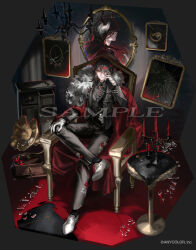  1boy alternate_costume armchair black_background black_hair black_jacket black_pants black_shirt black_socks black_suit black_vest broken_glass buttons camellia candle candlestand cape carpet chair chameleon chandelier collar_chain_(jewelry) collared_shirt commentary_request copyright_notice demon_horns display_case double-breasted drawer dress_shoes earrings eyeshadow faux_figurine figure_four_sitting floral_print floral_print_pants flower full_body fur-trimmed_cape fur_trim glass glass_shards gloves hand_chains hand_on_own_face hand_on_own_knee horns indoors jacket jewelry lapel_pin lapels long_sleeves looking_at_viewer makeup male_focus medium_hair multicolored_hair necklace nijisanji nijisanji_en notched_lapels official_art open_clothes open_jacket pants parted_lips phonograph portrait_(object) red_cape red_eyeshadow red_flower red_streaks ribs round_table salamander sample_watermark shirt shoes simple_background sitting smile socks solo streaked_hair suit suit_jacket suit_pants table tassel tassel_earrings tile_floor tiles torn_carpet ueauwa unworn_jewelry unworn_necklace unworn_ring vest virtual_youtuber vox_akuma watermark white_flower white_gloves white_shoes yellow_eyes 