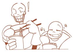  ! 2023 2boys 2d armor brothers cape chopstick closed_eyes commentary digital_media duo english_commentary food gloves grin height_difference highres holding holding_chopsticks holding_food hood hood_down hooded_jacket humanoid instant_cup_noodles instant_noodles instant_ramen jacket long_sleeves male male_focus male_only monochrome monster monster_boy multiple_boys noodles onerudegentlman open_clothes open_jacket papyrus_(undertale) sans_(undertale) shirt siblings simple_background skeleton smile sparkle teeth undead undertale upper_body utdr_(toby_fox) white_background 