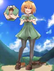 1girl black_hairband black_pantyhose blonde_hair breasts brown_shoes commentary_request commission dress giant giantess green_dress hairband highres higurashi_no_naku_koro_ni houjou_satoko maebara_keiichi neckerchief nekomiya_mizuki open_mouth pantyhose person_on_hand pixiv_commission sailor_collar sailor_dress shoes short_hair size_difference white_sailor_collar yellow_neckerchief 