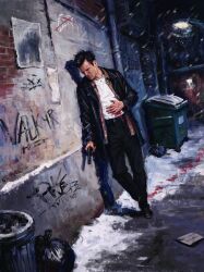  1boy black_coat black_hair blood blood_on_clothes blood_trail bullet_wound coat commentary gun hand_on_wound highres holding holding_gun holding_weapon jewelry max_payne max_payne_(series) mistysblueboxstuff necklace shirt snow untranslatable_commentary weapon white_shirt 