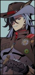  1boy black_hair black_hat black_jacket boothill_(honkai:_star_rail) bullet commentary cowboy_hat cyborg earrings english_commentary hair_over_one_eye hat highres holding holding_bullet honkai:_star_rail honkai_(series) jacket jewelry long_hair looking_at_viewer mole mole_under_eye multicolored_hair multiple_moles pochimaru_(marumaru_wanwan) sharp_teeth simple_background smile solo symbol-shaped_pupils teeth two-tone_hair upper_body white_hair 