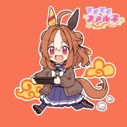  1girl :d ahoge animal_ears bow bowtie brown_cardigan cardigan commentary_request copano_rickey_(umamusume) ear_covers fang full_body hair_ornament holding horse_ears horse_girl horse_tail long_hair long_sleeves looking_at_viewer miyakoji_(plokmtamako) open_cardigan open_clothes open_mouth orange_background orange_hair outline pleated_skirt purple_shirt purple_skirt running school_uniform shirt simple_background single_ear_cover skirt smile solo tail tracen_school_uniform translation_request umamusume violet_eyes white_bow white_bowtie white_outline xiangyun 
