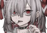  1girl absurdres bow cigarette ear_piercing fingernails fujiwara_no_mokou grey_hair hair_between_eyes hair_bow highres hisha_(kan_moko) long_hair looking_at_viewer nail_polish open_mouth piercing portrait red_eyes red_nails simple_background smoking solo touhou white_background white_bow 