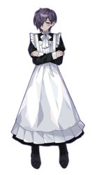  1boy alternate_costume apron ascot boots bow bowtie closed_mouth collared_dress crossdressing crossdressing_(mtf) crossed_arms dress enmaided expressionless frilled_apron frills full_body hair_over_one_eye highres juliet_sleeves lace-up_boots library_of_ruina lobotomy_corporation long_sleeves looking_at_viewer maid maid_apron male_focus male_maid project_moon puffy_sleeves purple_hair ribbon short_hair simple_background solid01 solo standing sweatdrop white_apron white_ascot white_background white_bow white_bowtie white_ribbon yesod_(project_moon) 