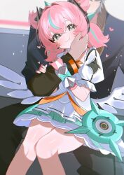  1boy 1girl absurdres aqua_streaks aria_(zenless_zone_zero) black_jacket black_pants bow commentary couch dress fingerless_gloves frilled_dress frills gloves green_eyes hair_bow hand_on_another's_cheek hand_on_another's_face hands_on_another's_arm headphones heart highres jacket multicolored_hair multiple_hair_bows on_couch pants pink_gloves pink_hair puffy_short_sleeves puffy_sleeves quad_tails short_sleeves shusuchii sitting_between_legs smile spoken_heart streaked_hair thighs untranslatable_commentary wings wise_(zenless_zone_zero) zenless_zone_zero 